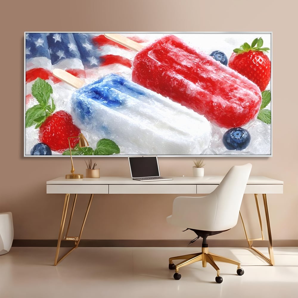 Tablou canvas cu tablou canvas cu inghetata si fructe, in rama de aluminiu argintiu, pe perete intr-un birou
